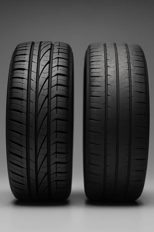 Vergleich Reifenprofil: neu mit 8 mm neben abgenutztem Reifen mit 1,6 mm Profiltiefe